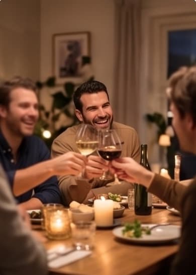 Laughing with friends at a warm-lit dinner